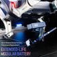 Robot dog battery module area, white and dark blue body with blue LED glow