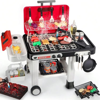 Kids electric light-up grill playset with red lid, black grates, food accessories