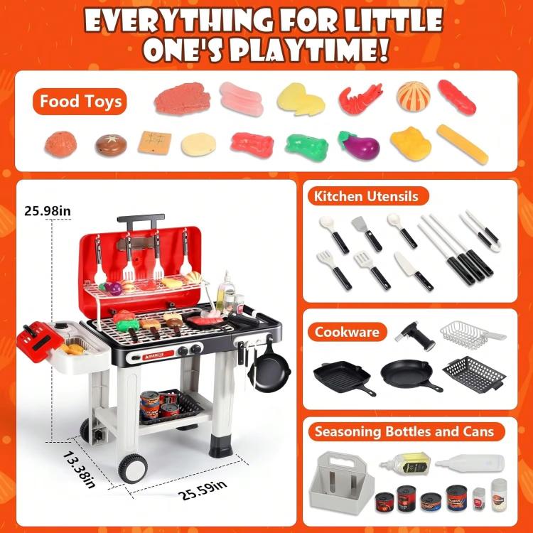 Boxed barbecue toy set with photo of red grill and assorted pretend cooking accessories