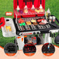 Red and black pretend barbecue grill toy with side food tray and utensil accessories