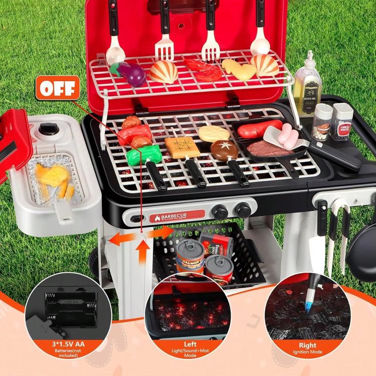 Red and black pretend barbecue grill toy with side food tray and utensil accessories