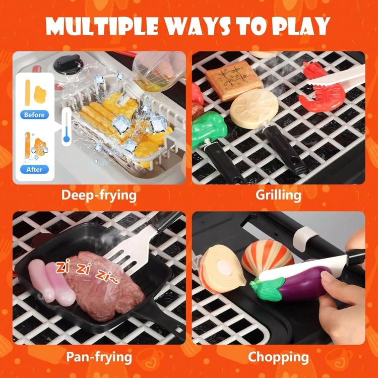 Pretend grilling playset accessories shown for frying, grilling, and chopping on the grates