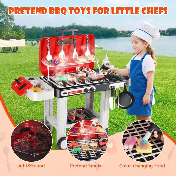 Kids pretend BBQ grill playset, red top with utensil holders and light-up cooking accessories