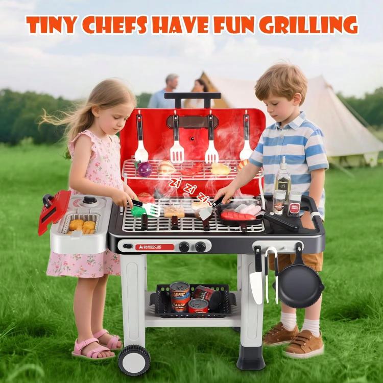Red and white electric grill toy with black cooking plate and accessory side bin