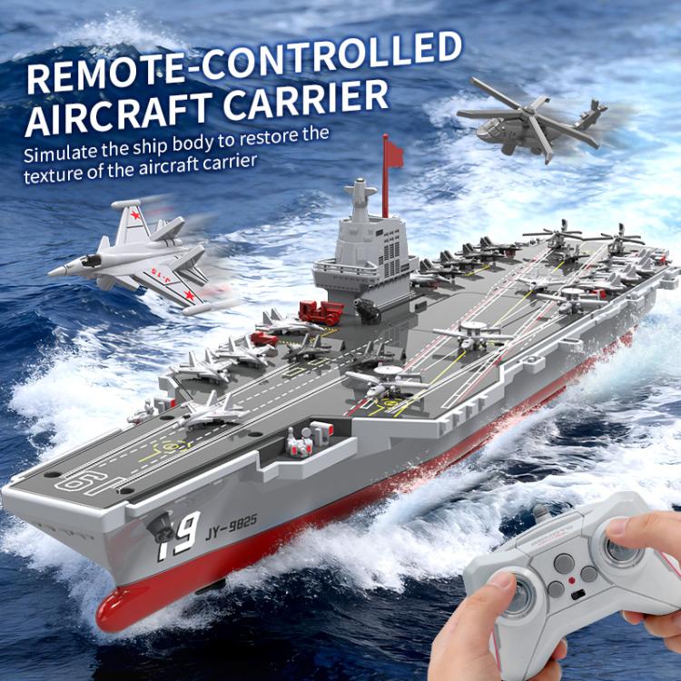 Remote-controlled aircraft carrier toy with jet planes and handheld remote controller.
