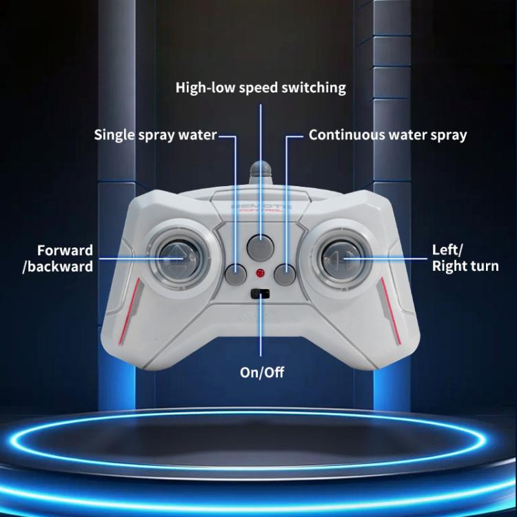 White remote controller with dual joysticks and blue glowing ring for control.