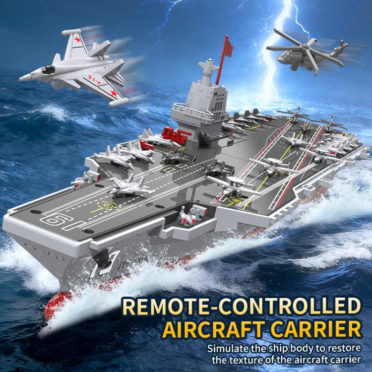 Remote-controlled aircraft carrier toy with multiple jet planes and water splash effect.
