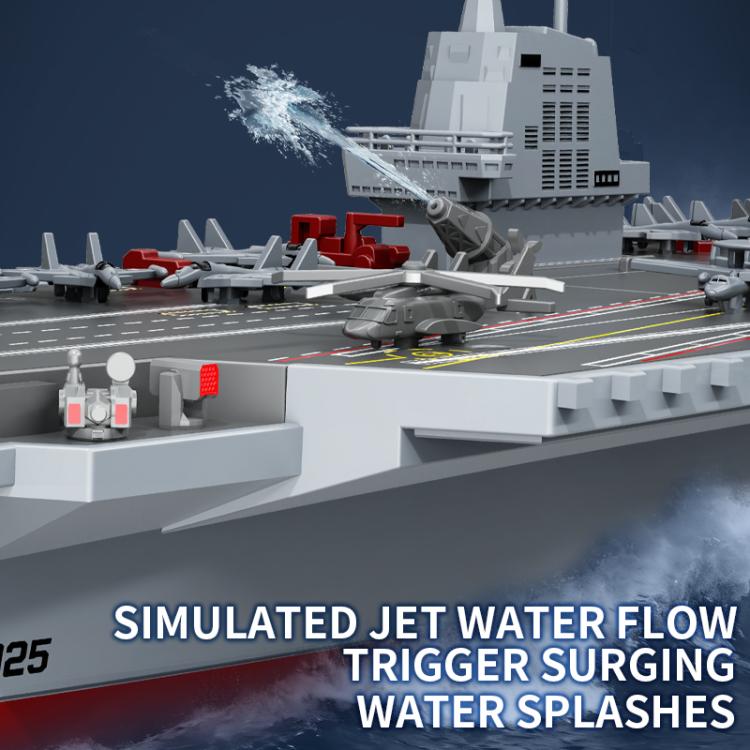 Close-up of remote-controlled aircraft carrier toy deck with simulated jet water spray.