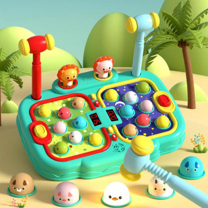 Children's interactive whack-a-mole toy with colorful animal figures and teal play base