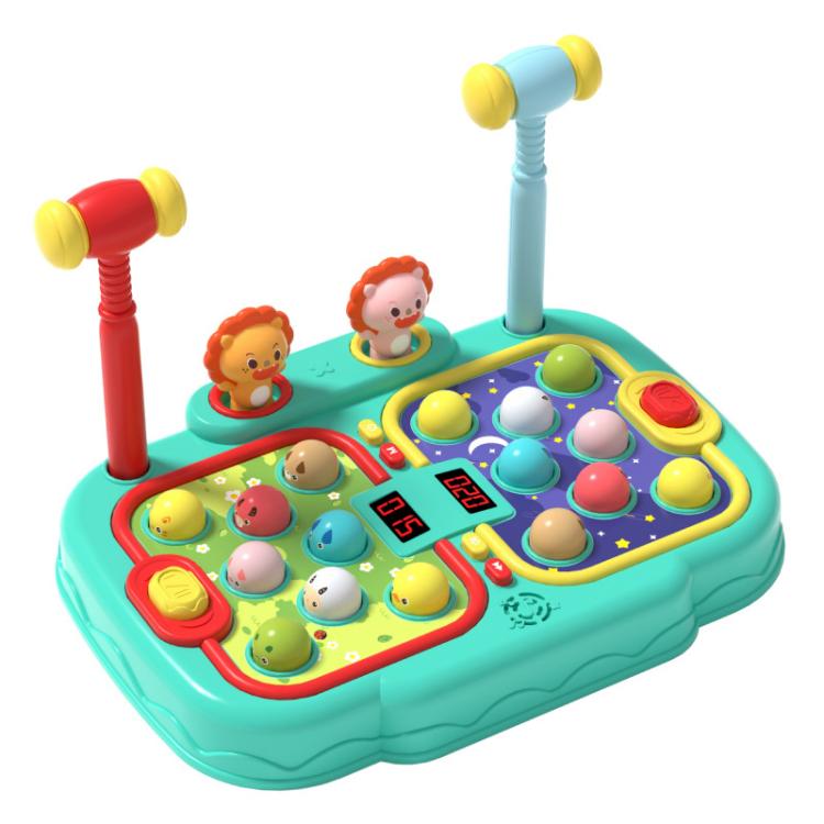 Children's whack-a-mole toy with teal board, round animal pieces, and hammer-style handles