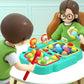 Children's whack-a-mole toy table with teal play panel and animal characters