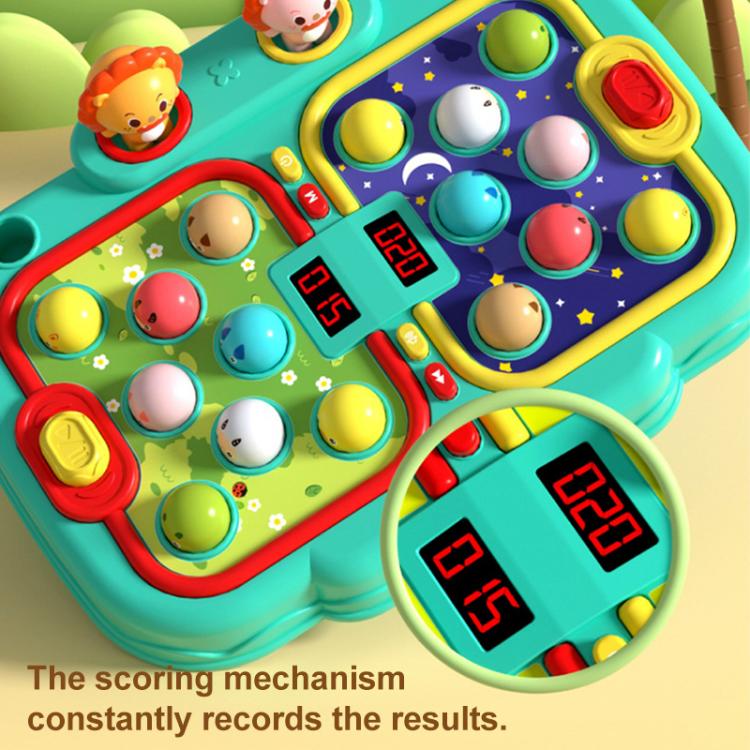 Close-up of teal whack-a-mole game panel with colorful animal pieces and score displays
