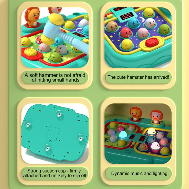 Whack-a-mole toy feature cards showing play panel, suction cup, and music lighting