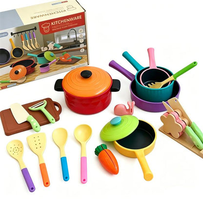 Children's pretend kitchen cookware set with plastic pot, pans, and utensils