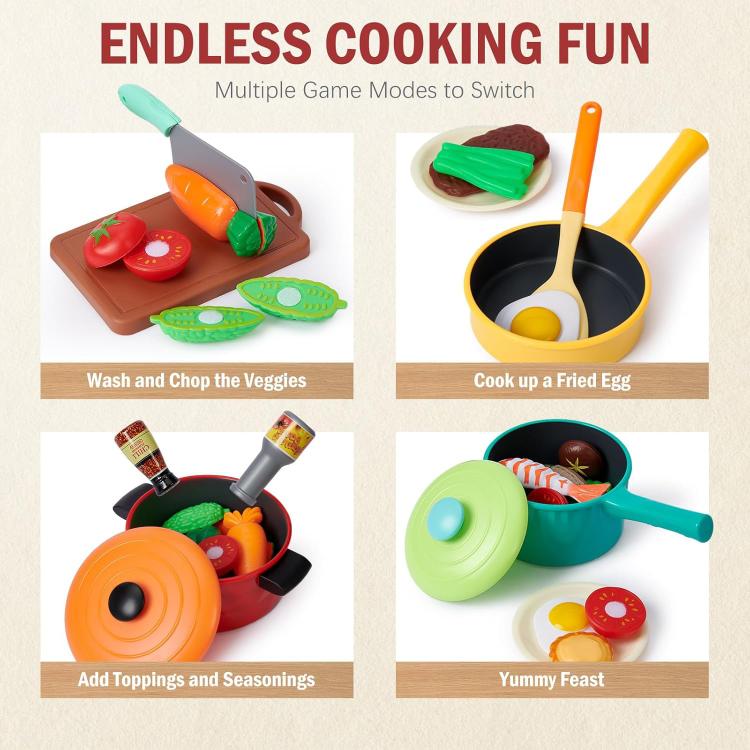Children's cooking play cookware set with board, skillet, and veggie pieces