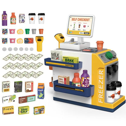 Yellow kids self-checkout cash register toy with shopping accessories and play money