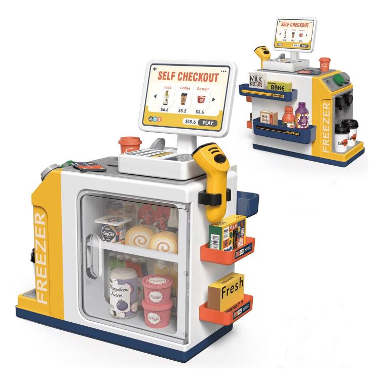 Yellow pretend supermarket cash register toy with self-checkout screen and side accessories