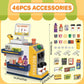Kids supermarket cash register set with 46 accessories shown on package layout