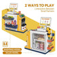 Yellow and blue children cash register toy with open display and included accessories