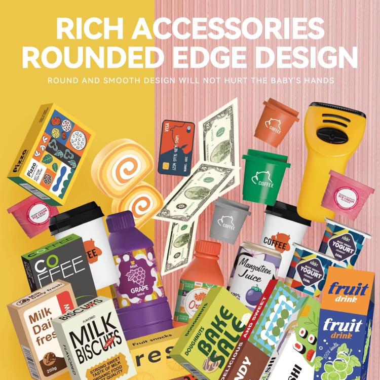 Assorted pretend food and drink accessories for kids supermarket cash register play