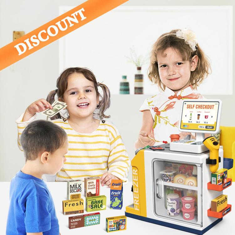 Kids using yellow supermarket cash register toy with self-checkout screen and play items
