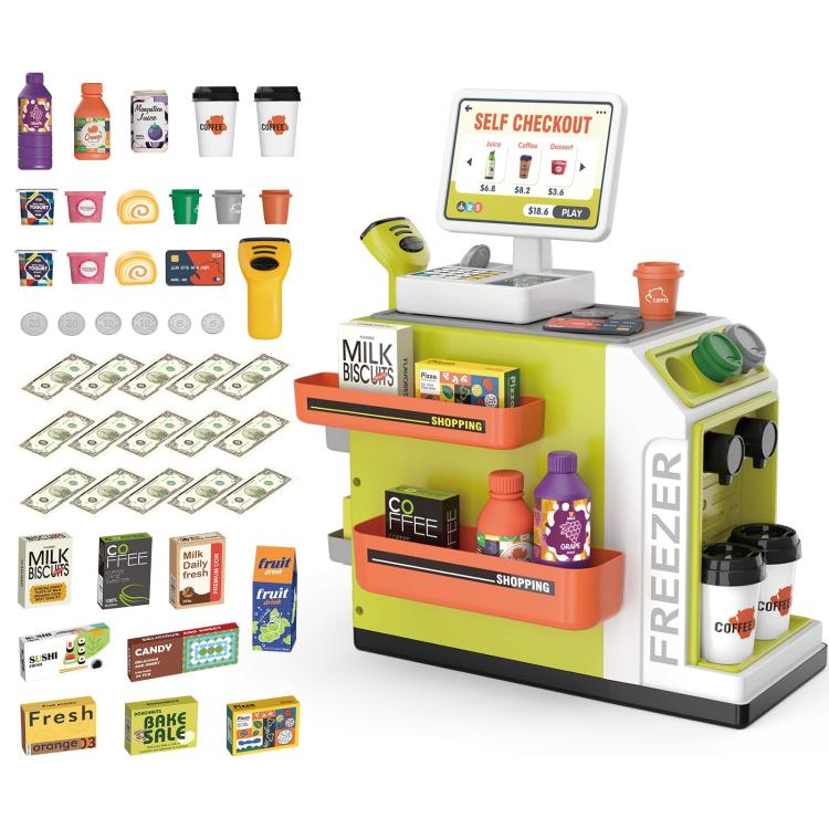 Yellow children’s self-checkout cash register toy with shopping shelves and pretend foods