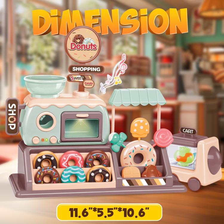 Electric mini donut shop playset with tent awning and shopping cart accessory