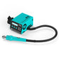 Teal hot air desoldering handle with black cable connected to turquoise controller box