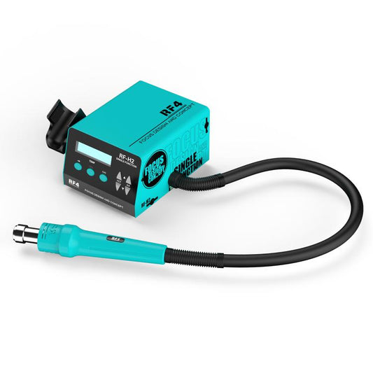 Teal hot air desoldering handle with black cable connected to turquoise controller box