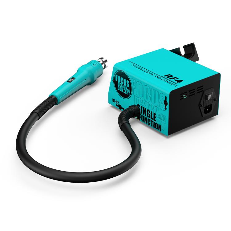 Turquoise hot air desoldering station with teal handle and black power cable