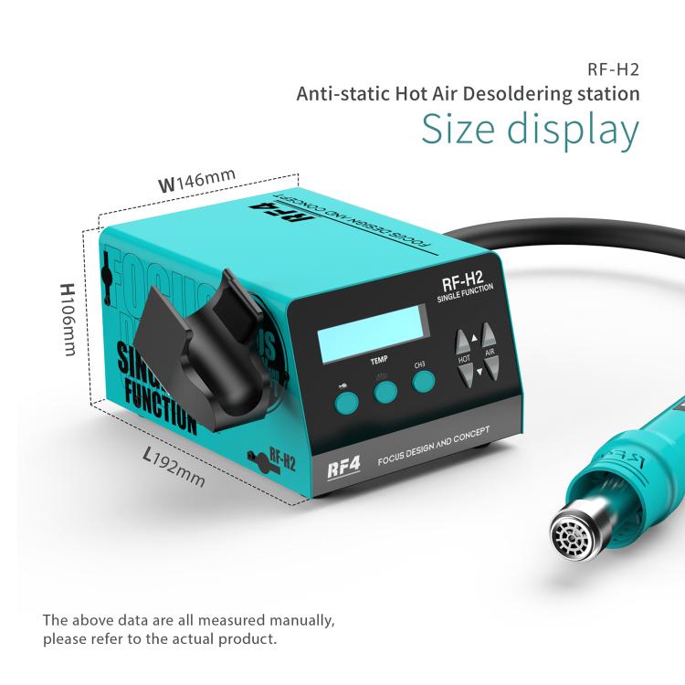 Turquoise hot air desoldering station with LCD display and black cable