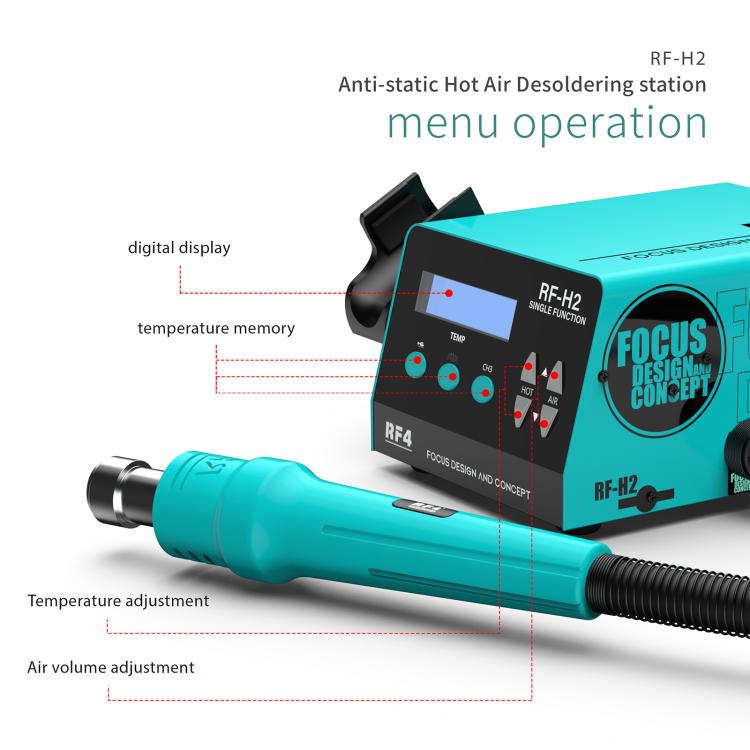Turquoise hot air desoldering controller with LCD screen and teal handle