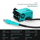 Turquoise hot air desoldering station with teal handle and connected black hose
