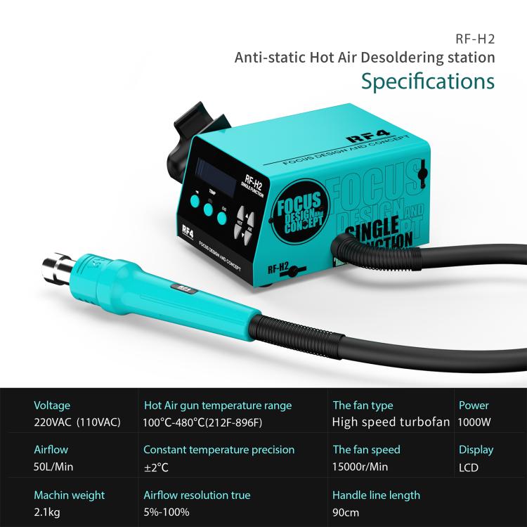 Turquoise hot air desoldering station with teal handle and connected black hose