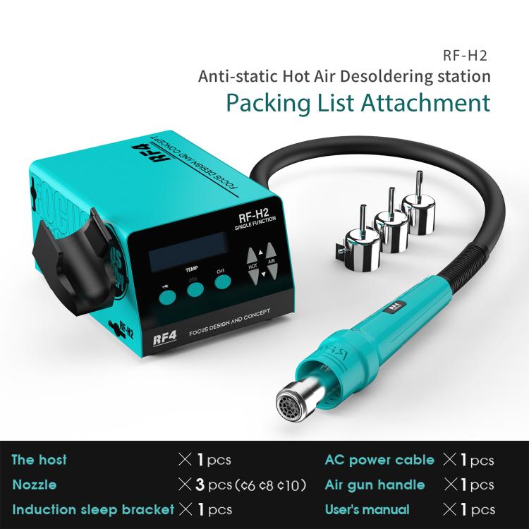 Hot air rework station kit with turquoise unit, teal handle, nozzles, and black cable