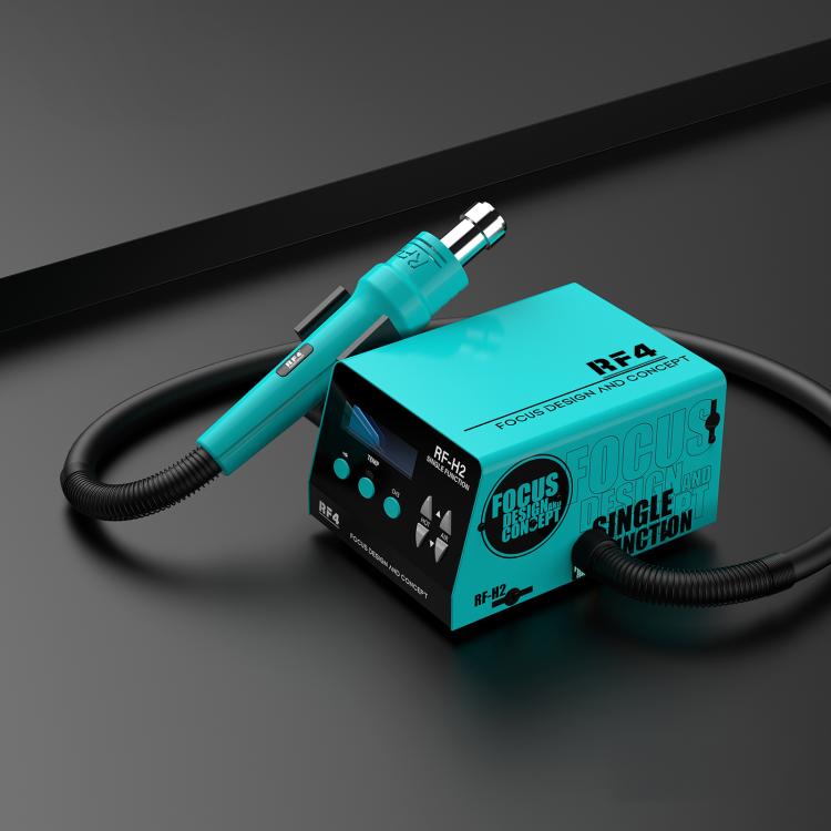 Turquoise hot air rework station with teal handle and black cable