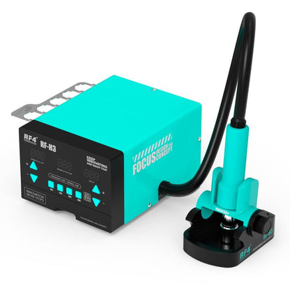 Teal hot air rework station with digital control panel, flexible hose, and nozzle stand