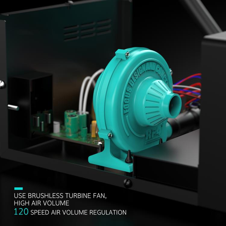 Teal brushless turbine fan for hot air rework station, close-up of fan housing
