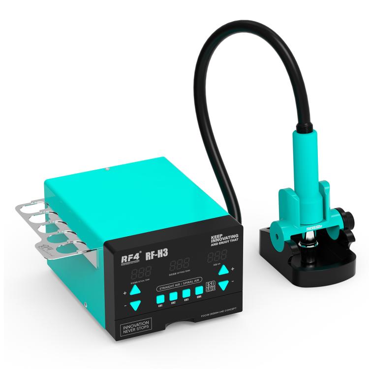Hot air gun rework station with teal housing, digital panel, and flexible air hose