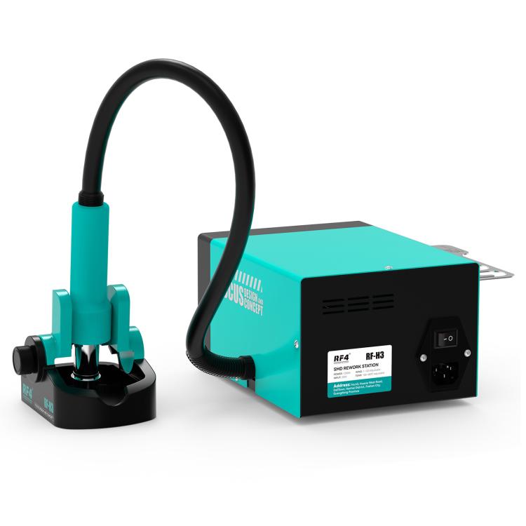 Hot air rework station showing teal body and nozzle holder with attached air hose