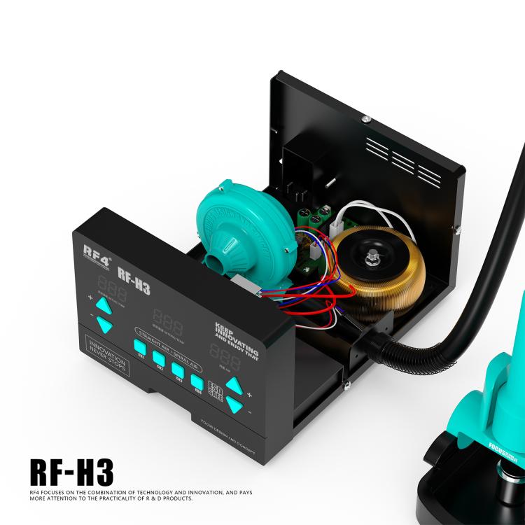 Hot air rework station with open housing, visible internal fan and wiring, and control unit