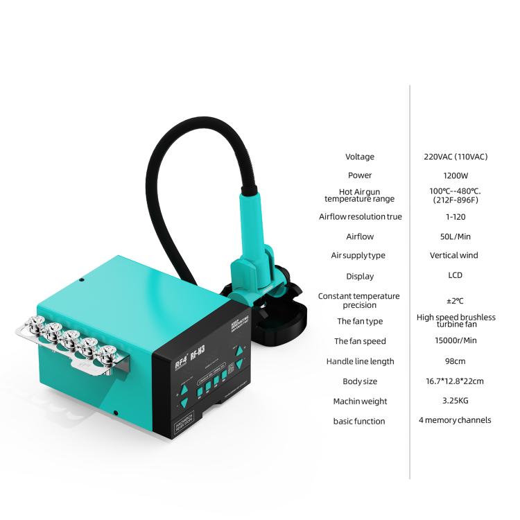 Hot air gun station with teal nozzle base, LCD display, and flexible hose