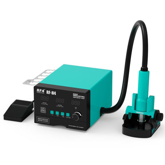 Hot air rework station with teal housing, digital display, and cold air pedal