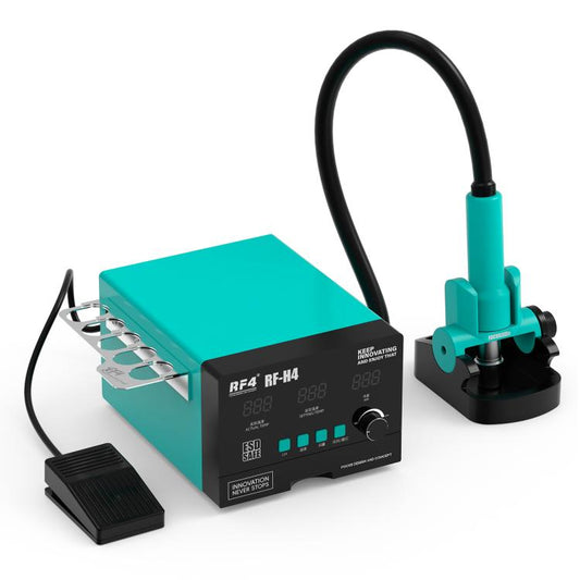 Hot air rework station with teal nozzle holder, digital panel, and cold air pedestal