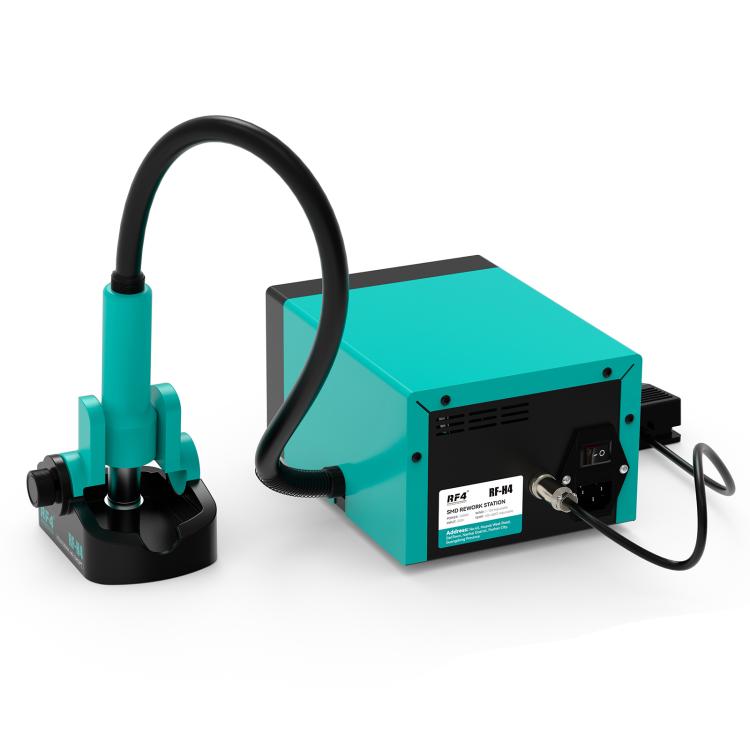 Hot air rework station with teal rear panel, hose, and two-part cold air stand