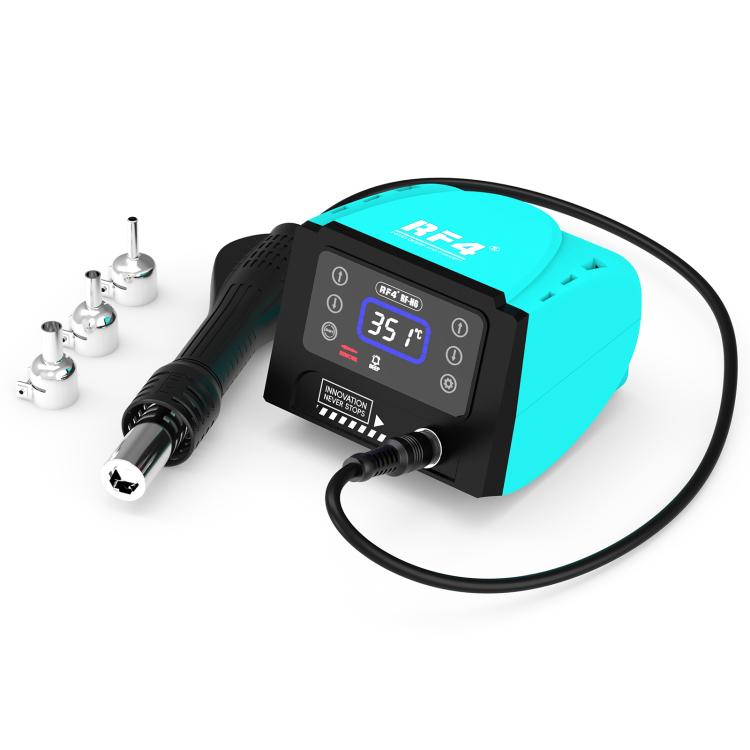 Hot air rework station with turquoise housing, connected hose, and multiple nozzle tips
