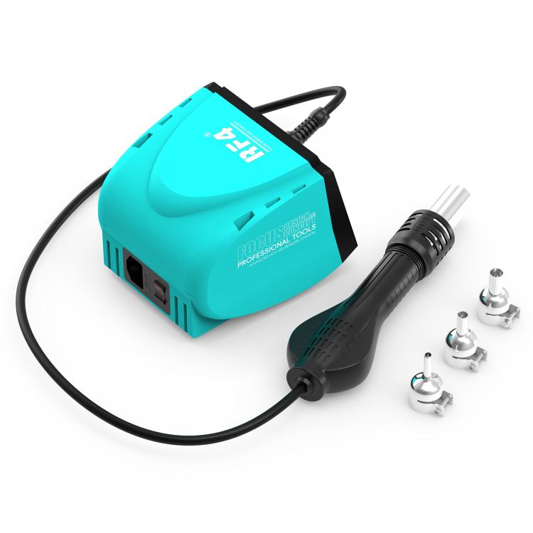 Hot air rework station with turquoise base, black handle, and nozzle attachments