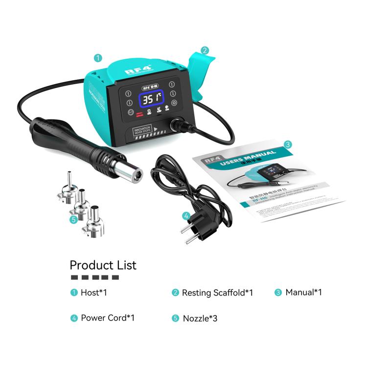 Hot air rework station kit with host unit, resting stand, three nozzles, and manual
