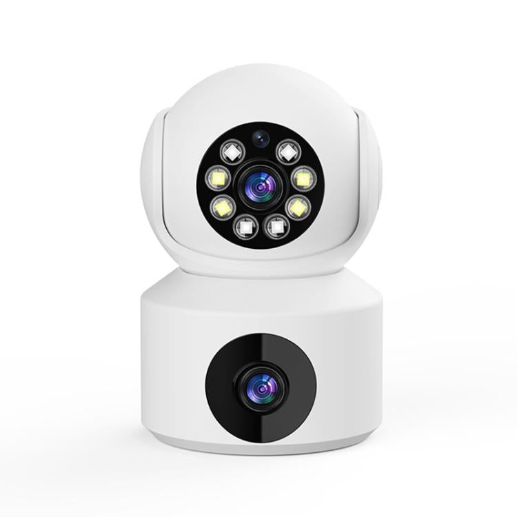 White dual-lens rotating security camera with top array of LEDs and black lens face
