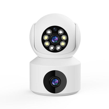 White dual-lens rotating security camera with top array of LEDs and black lens face